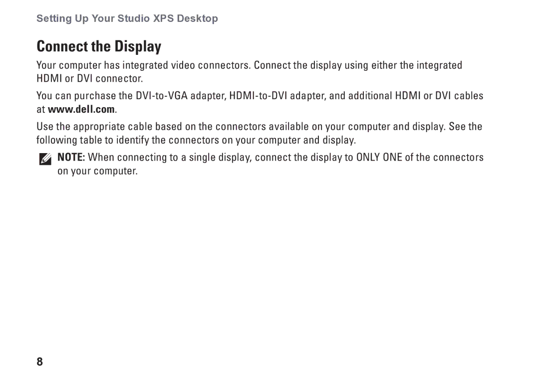 Dell D03M001 setup guide Connect the Display 