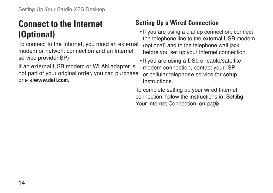 Dell D03M001 setup guide Connect to the Internet Optional, Setting Up a Wired Connection 