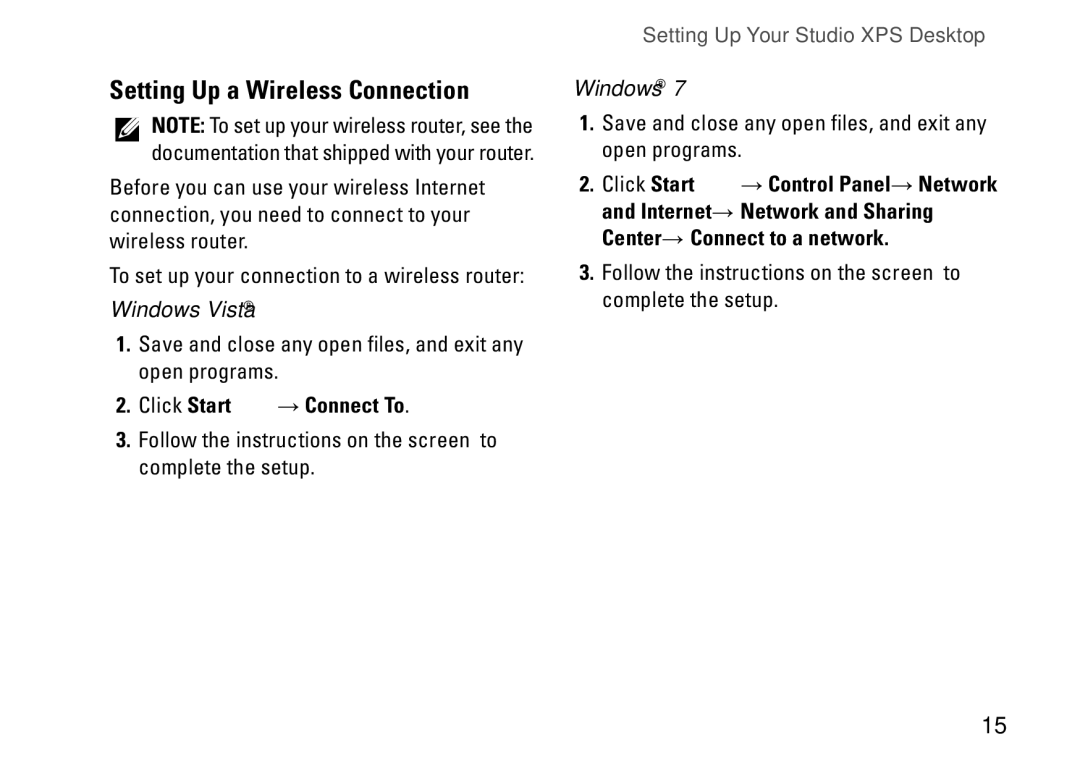 Dell D03M001 setup guide Setting Up a Wireless Connection, Save and close any open files, and exit any open programs 