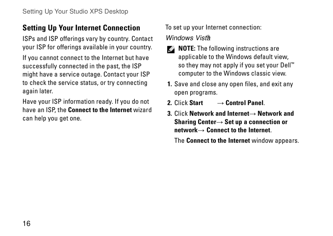 Dell D03M001 Setting Up Your Internet Connection, Click Start → Control Panel, Connect to the Internet window appears 