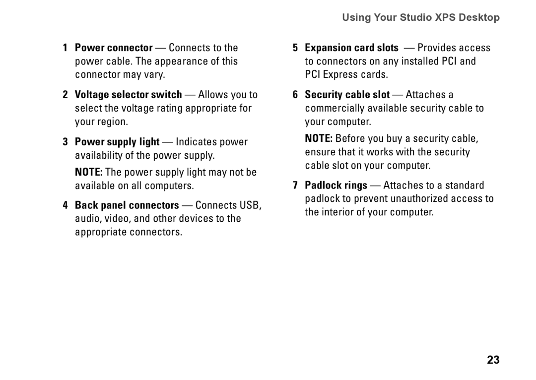 Dell D03M001 setup guide Using Your Studio XPS Desktop 