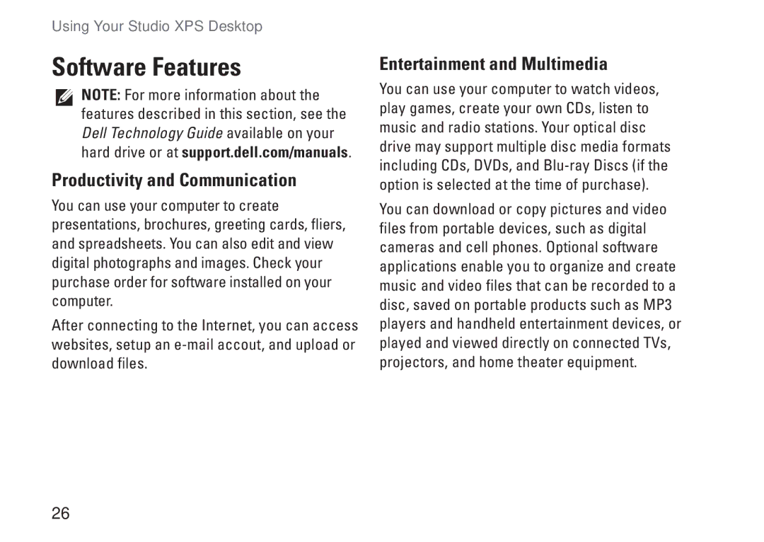 Dell D03M001 setup guide Software Features, Productivity and Communication, Entertainment and Multimedia 
