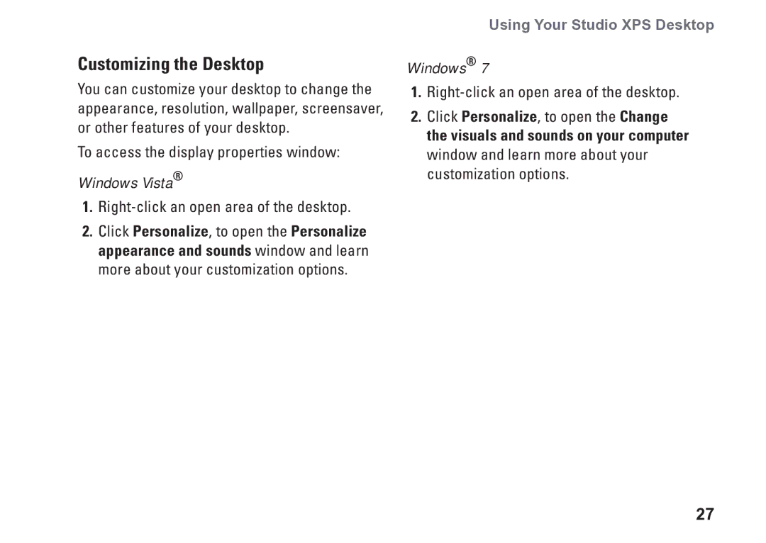 Dell D03M001 Customizing the Desktop, To access the display properties window, Right-click an open area of the desktop 