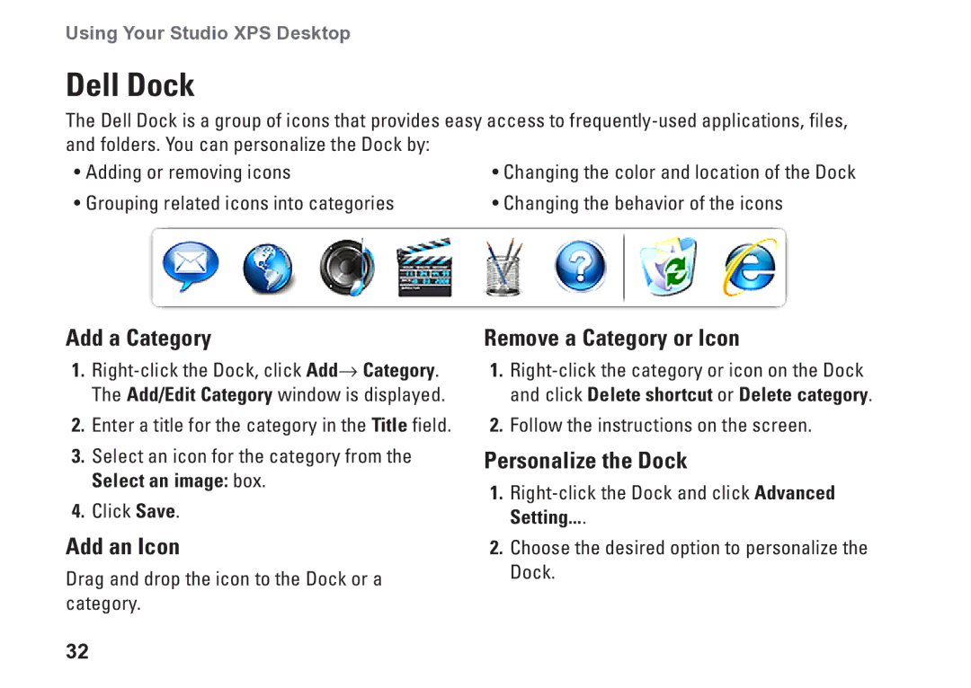 Dell D03M001 setup guide Dell Dock, Add a Category, Add an Icon, Remove a Category or Icon, Personalize the Dock 