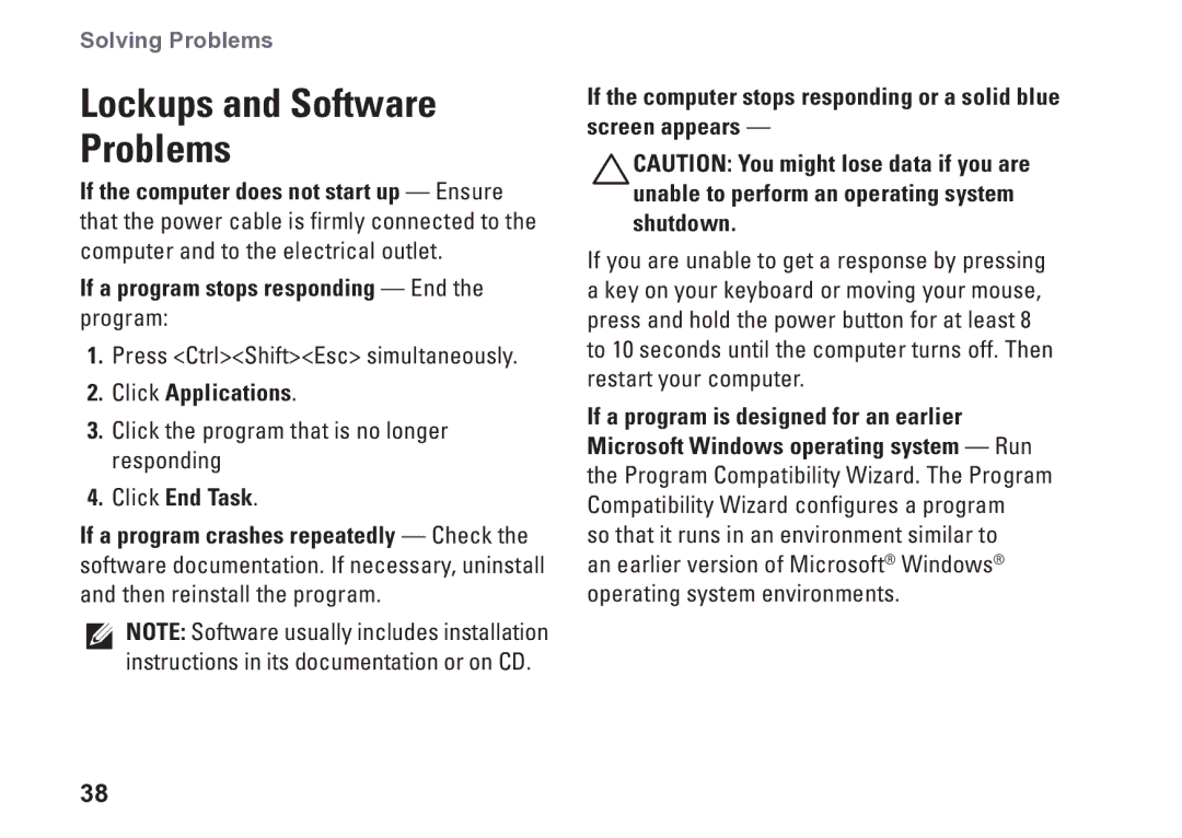 Dell D03M001 If a program stops responding End the program, Press CtrlShiftEsc simultaneously, Click Applications 