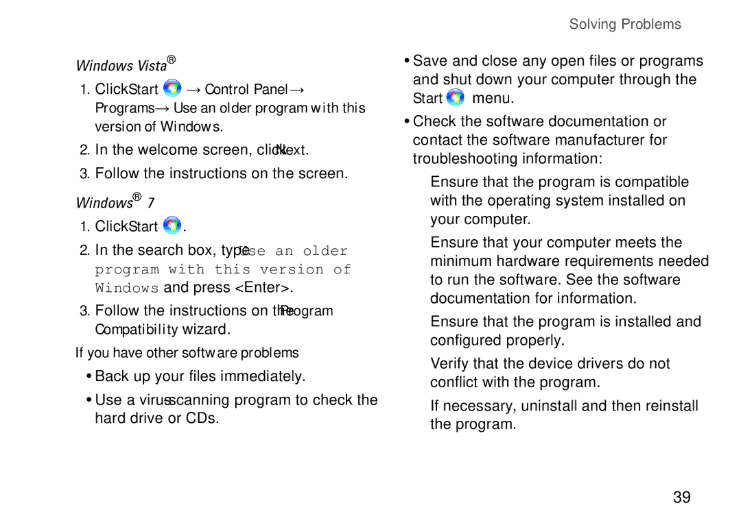 Dell D03M001 Click Start, Follow the instructions on the Program Compatibility wizard, If you have other software problems 