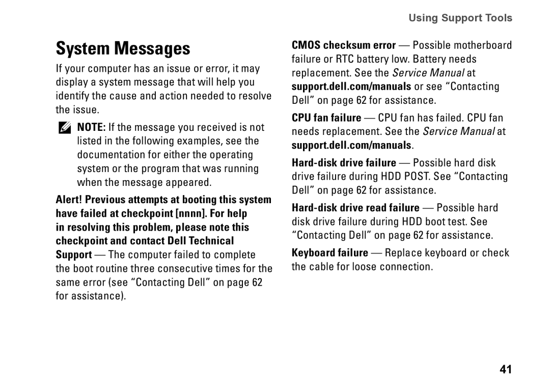 Dell D03M001 setup guide System Messages, Using Support Tools 