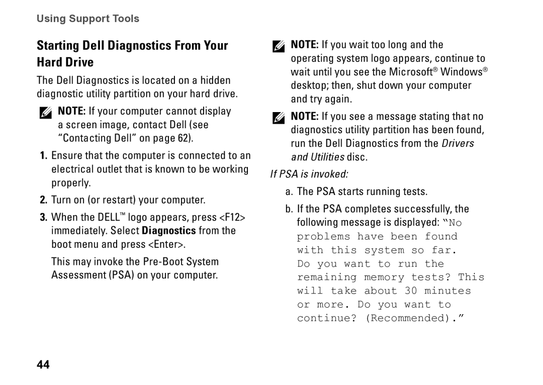 Dell D03M001 setup guide Starting Dell Diagnostics From Your Hard Drive, If PSA is invoked 