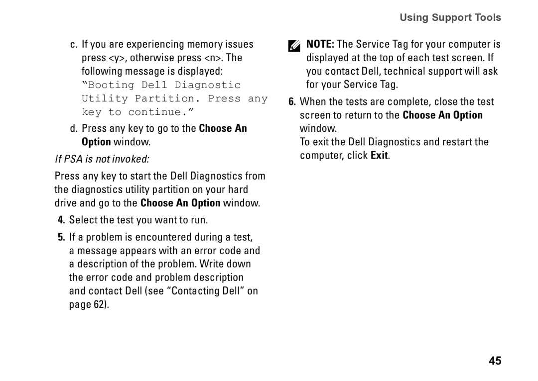 Dell D03M001 setup guide Press any key to go to the Choose An Option window, If PSA is not invoked 