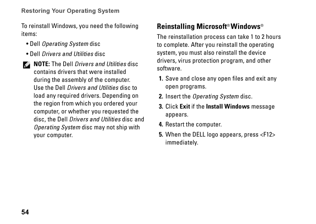 Dell D03M001 setup guide Reinstalling Microsoft Windows, To reinstall Windows, you need the following items 