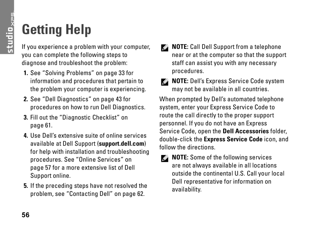 Dell D03M001 setup guide Getting Help, Fill out the Diagnostic Checklist on 