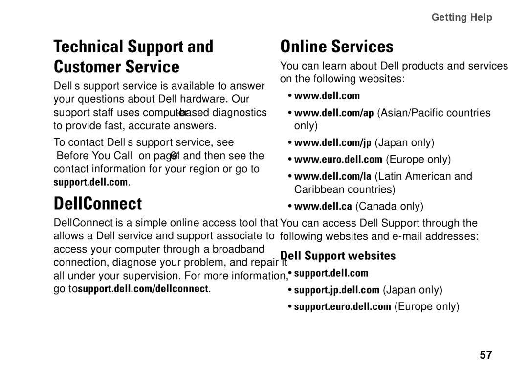 Dell D03M001 setup guide DellConnect, Online Services, Dell Support websites, Support.dell.com 