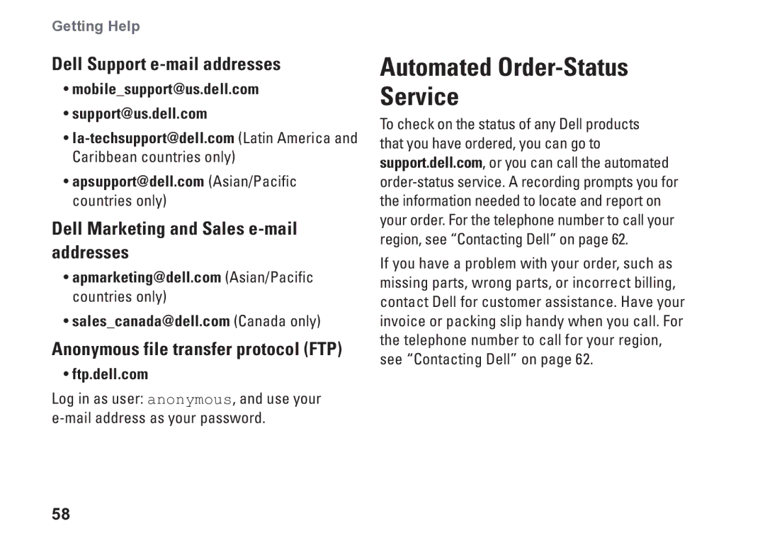 Dell D03M001 setup guide Dell Support e-mail addresses, Dell Marketing and Sales e-mail addresses, Ftp.dell.com 