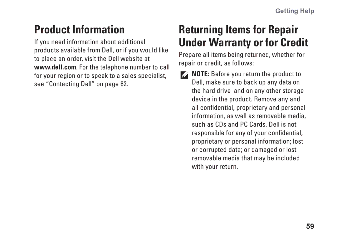 Dell D03M001 setup guide Product Information, Returning Items for Repair Under Warranty or for Credit 