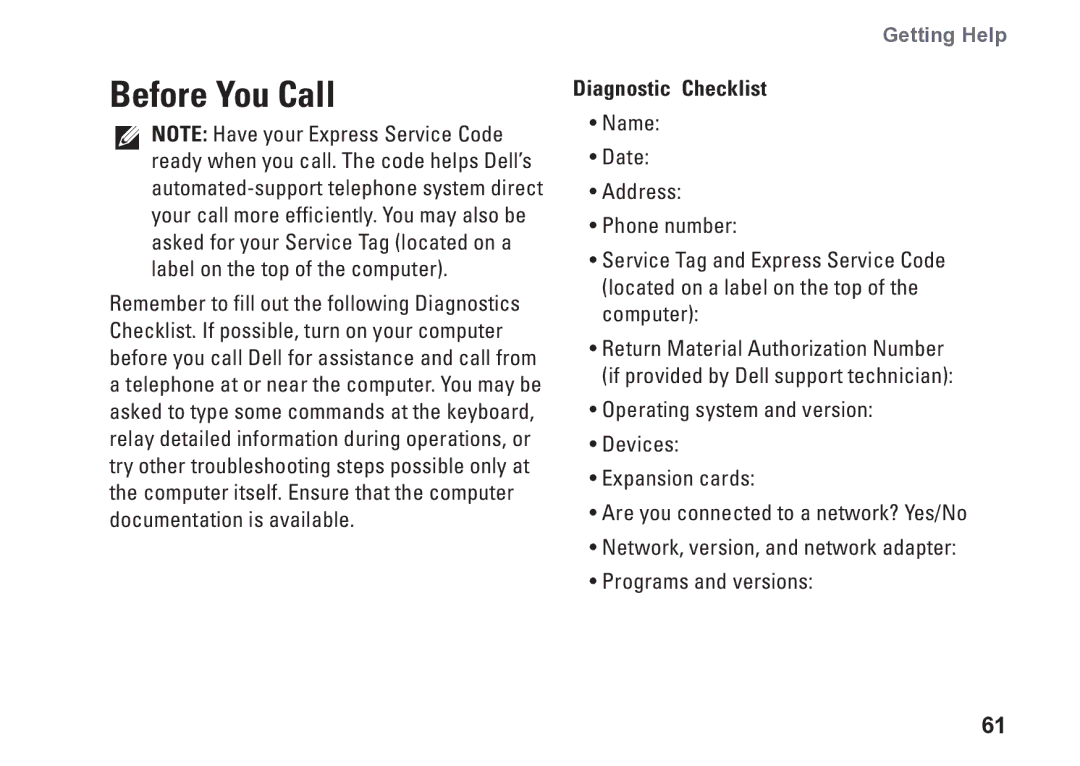 Dell D03M001 setup guide Before You Call, Diagnostic Checklist 