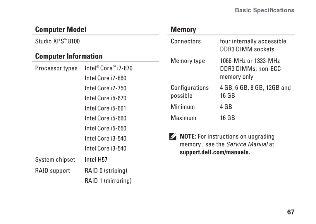 Dell D03M001 setup guide Computer Model, Computer Information, Memory 