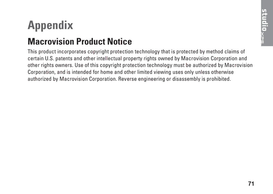 Dell D03M001 setup guide Appendix, Macrovision Product Notice 