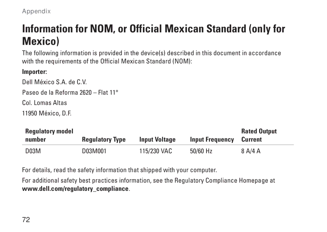 Dell setup guide Importer, Current, D03M D03M001 115/230 VAC 50/60 Hz 4 a 