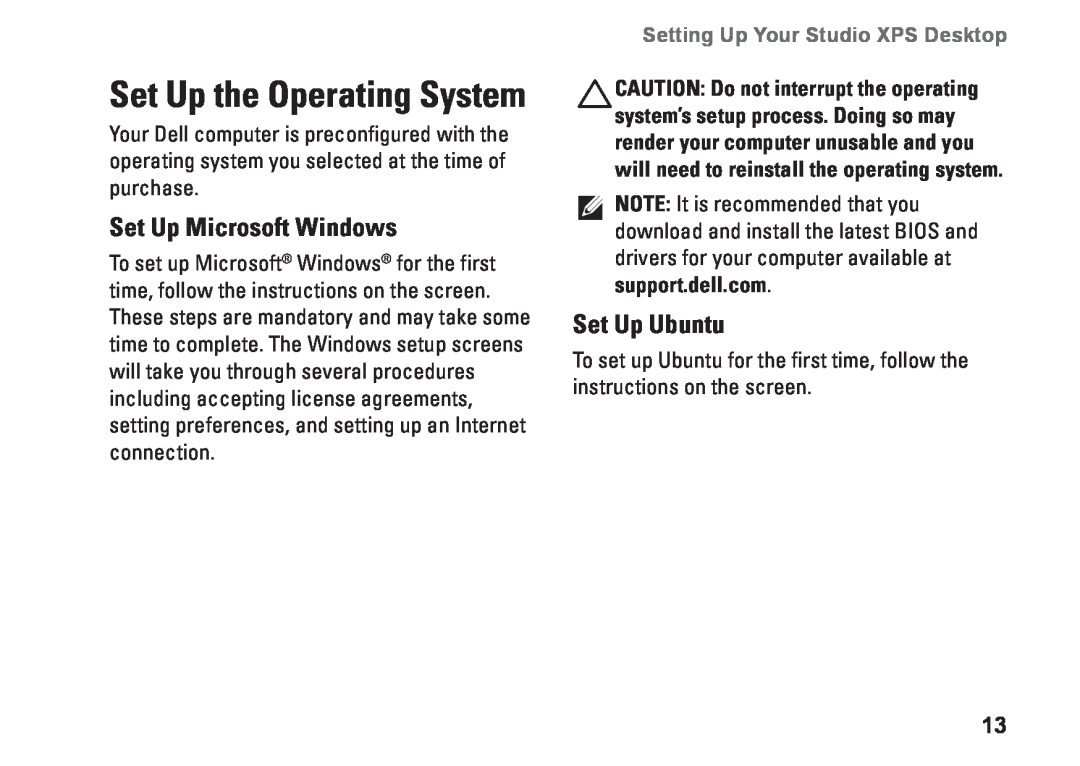 Dell D03M001 Set Up the Operating System, Set Up Microsoft Windows, Set Up Ubuntu, Setting Up Your Studio XPS Desktop 