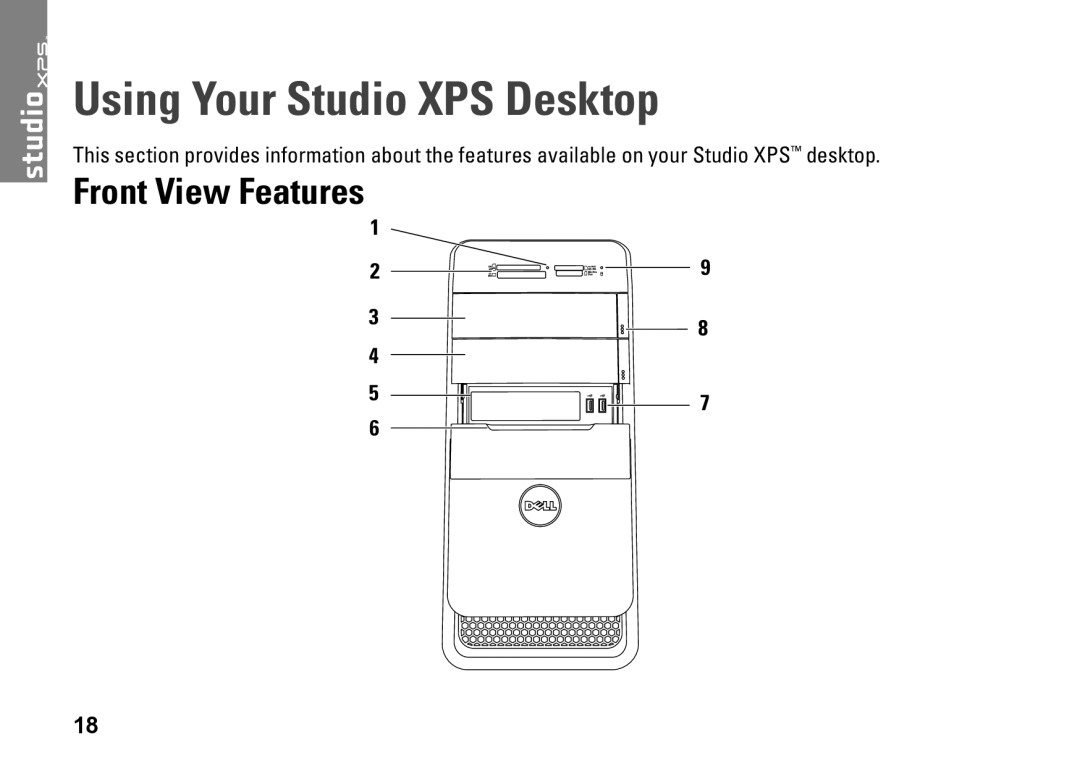 Dell D03M001 setup guide Using Your Studio XPS Desktop, Front View Features 