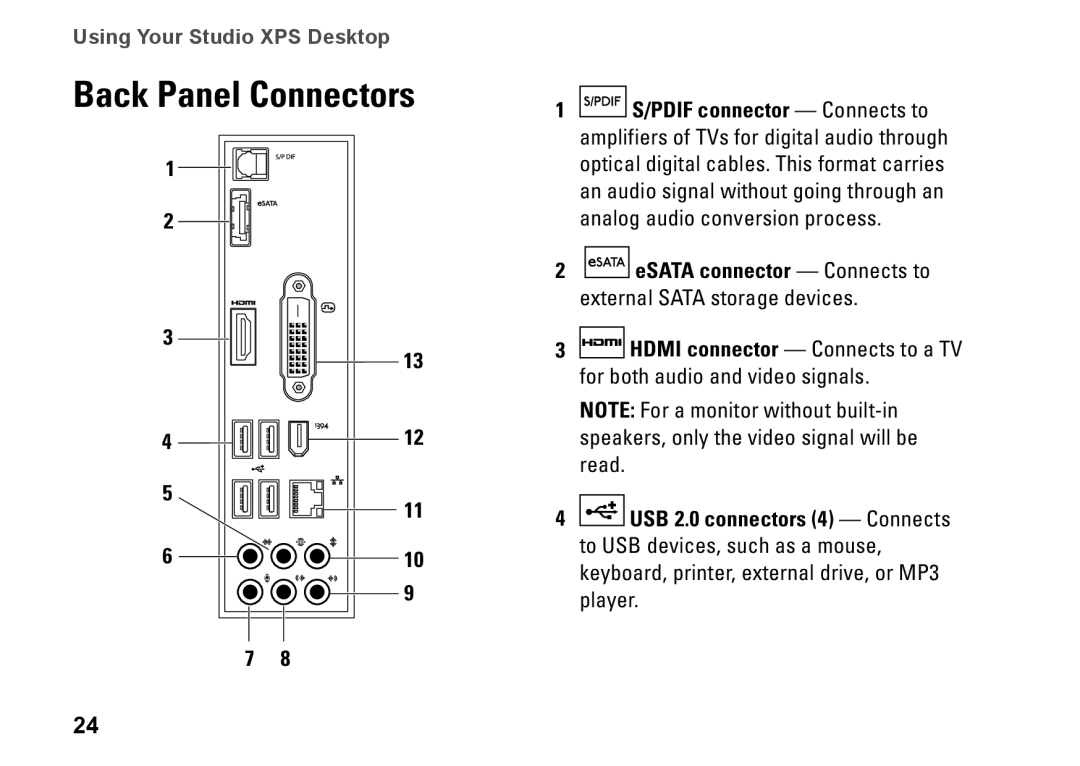 Dell D03M001 setup guide Back Panel Connectors, HDMI connector - Connects to a TV for both audio and video signals 