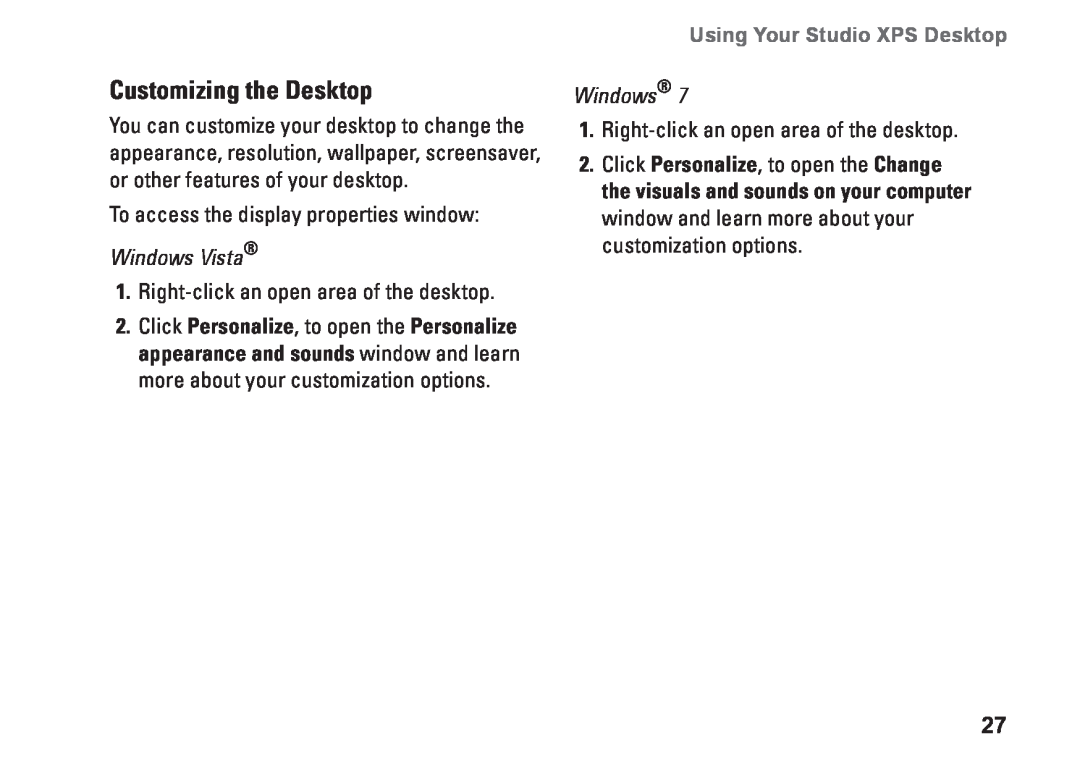 Dell D03M001 setup guide Customizing the Desktop, Using Your Studio XPS Desktop 