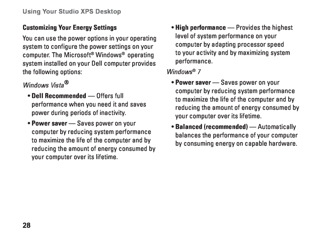 Dell D03M001 setup guide Customizing Your Energy Settings, Using Your Studio XPS Desktop 
