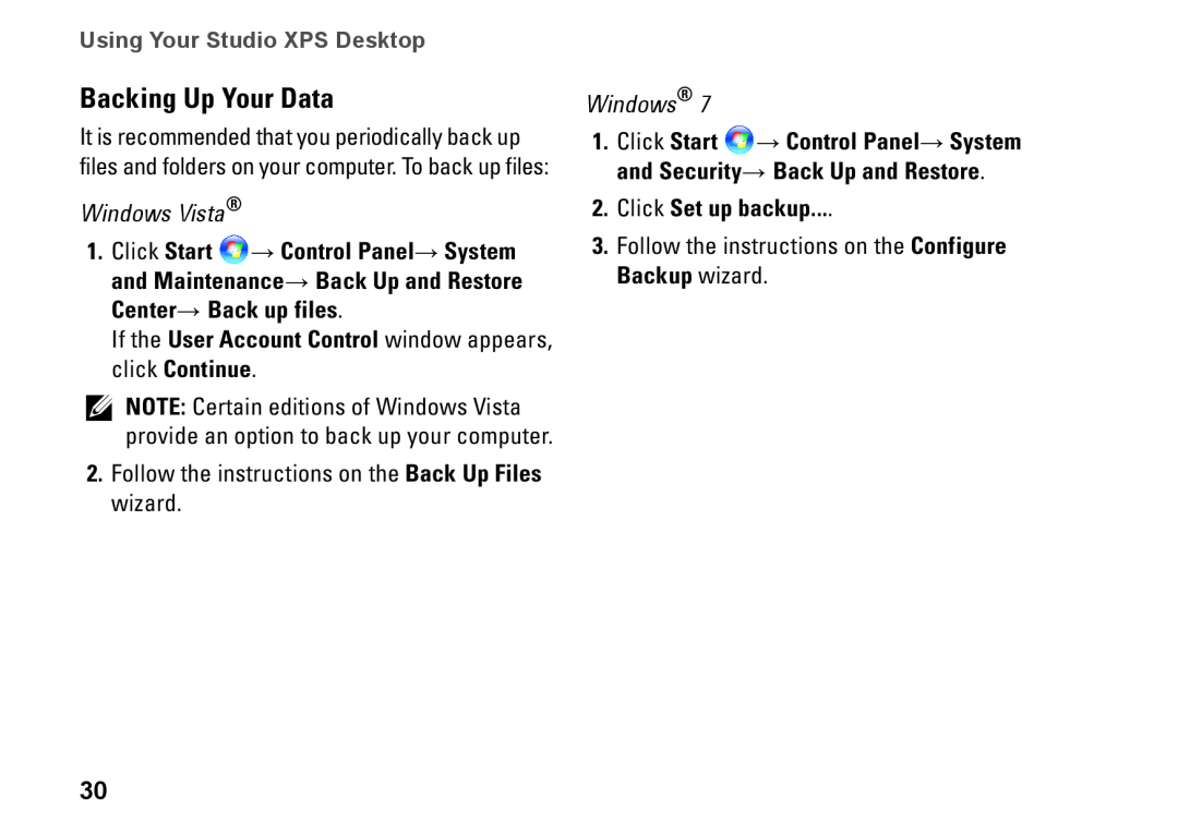Dell D03M001 setup guide Backing Up Your Data, Click Set up backup, Using Your Studio XPS Desktop 