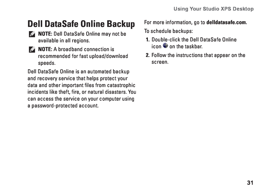 Dell D03M001 setup guide Dell DataSafe Online Backup, Using Your Studio XPS Desktop 