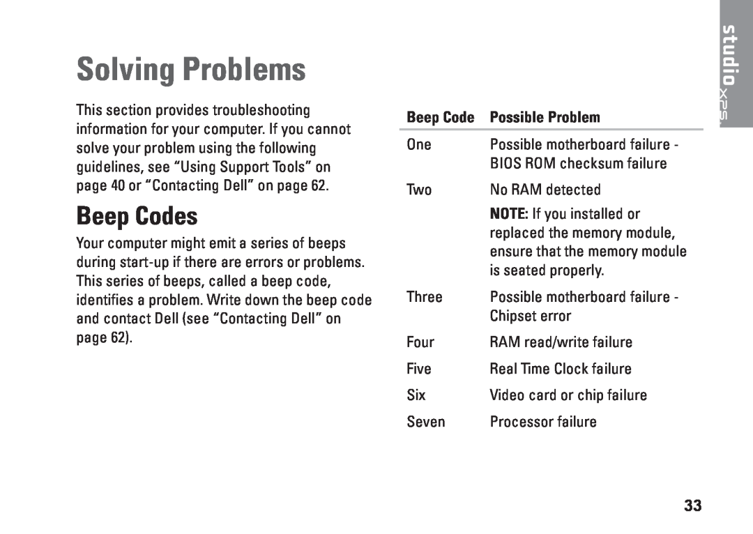 Dell D03M001 setup guide Solving Problems, Beep Codes, Possible Problem 