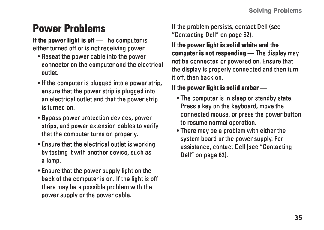 Dell D03M001 setup guide Power Problems, If the power light is solid amber, Solving Problems 