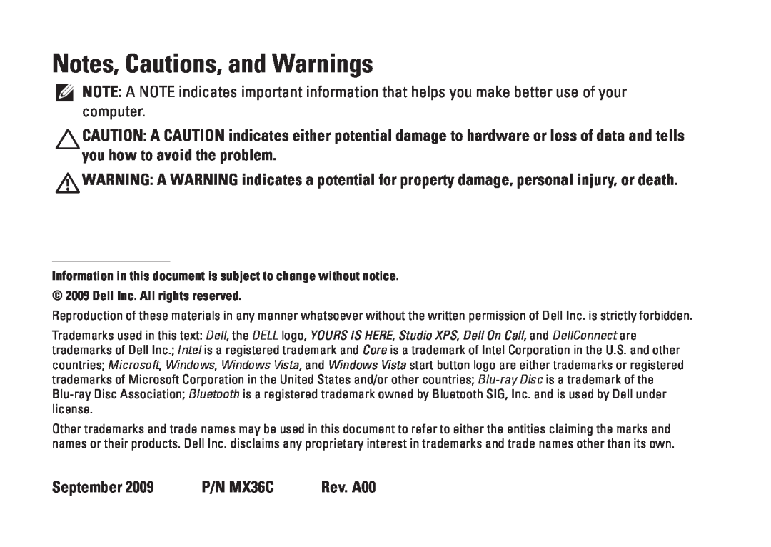 Dell D03M001 setup guide Notes, Cautions, and Warnings, September 2009 P/N MX36C Rev. A00 