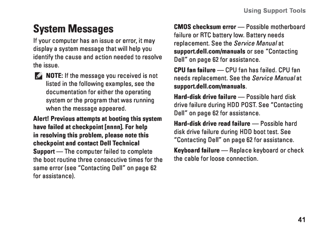 Dell D03M001 setup guide System Messages, Using Support Tools 