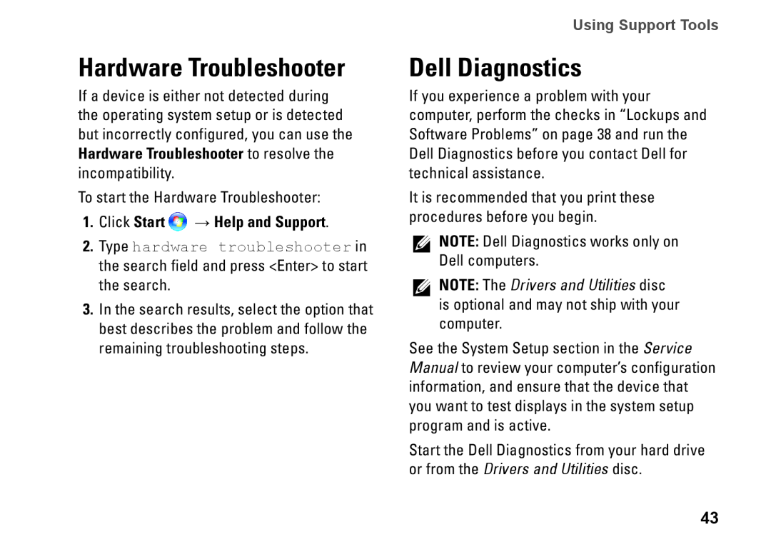 Dell D03M001 setup guide Hardware Troubleshooter, Dell Diagnostics, Click Start → Help and Support, Using Support Tools 