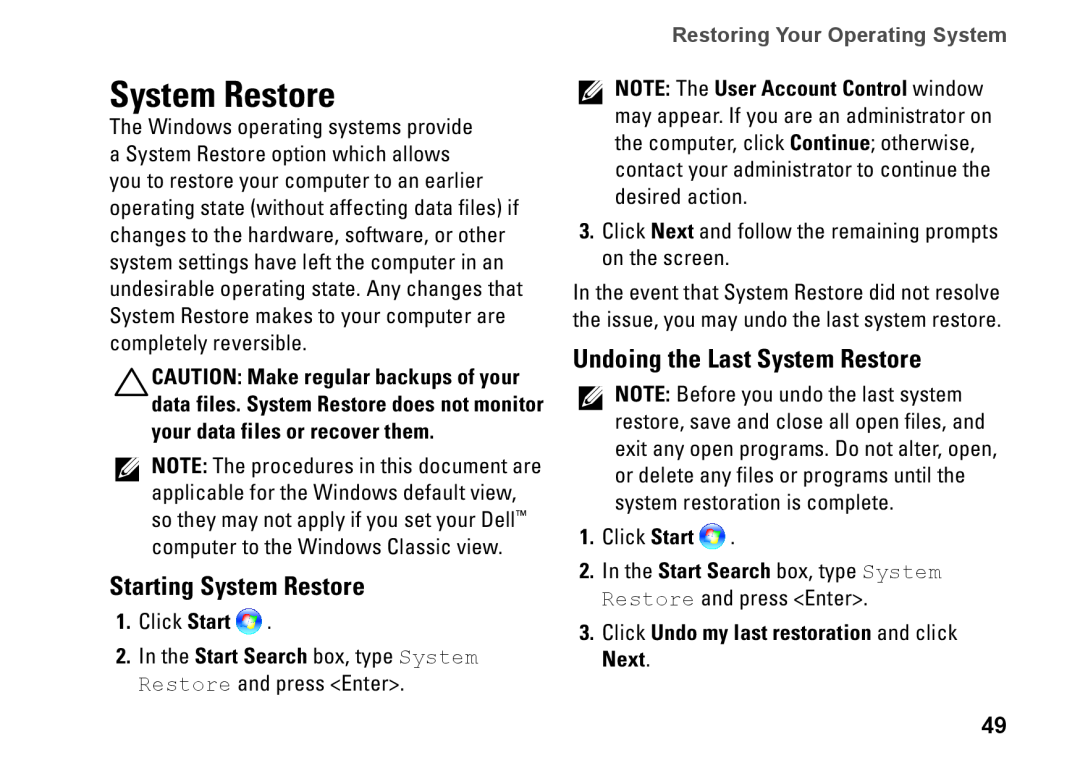 Dell D03M001 setup guide Starting System Restore, Undoing the Last System Restore, Restoring Your Operating System 