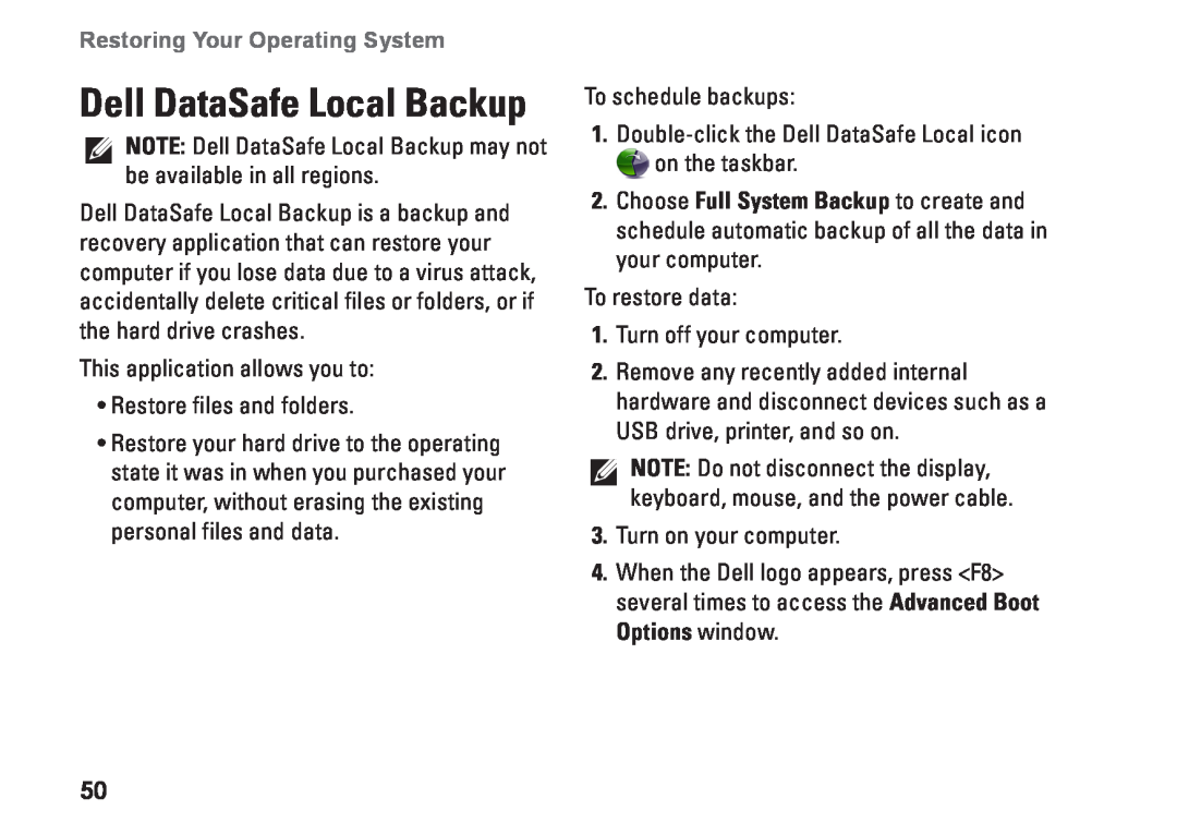 Dell D03M001 setup guide Dell DataSafe Local Backup, Restoring Your Operating System 