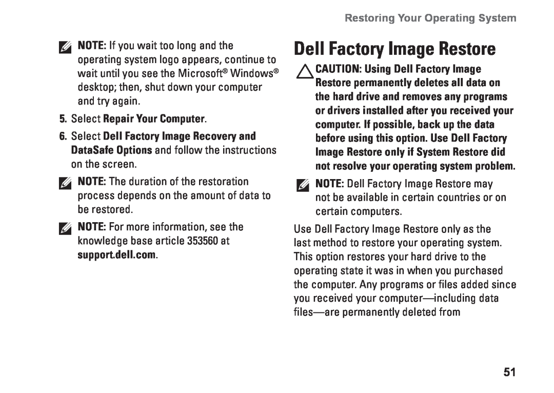Dell D03M001 setup guide Dell Factory Image Restore, Select Repair Your Computer, Restoring Your Operating System 
