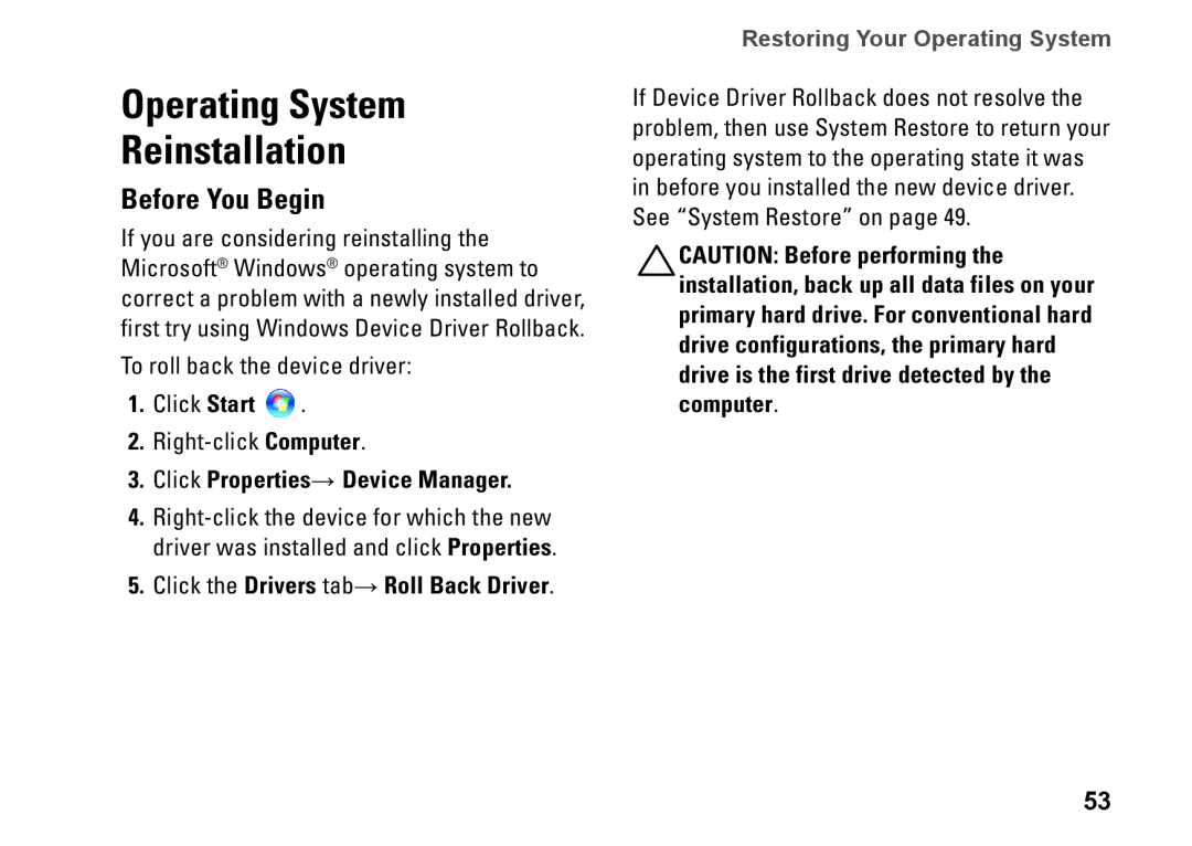 Dell D03M001 setup guide Operating System Reinstallation, Before You Begin, Click Properties→ Device Manager 