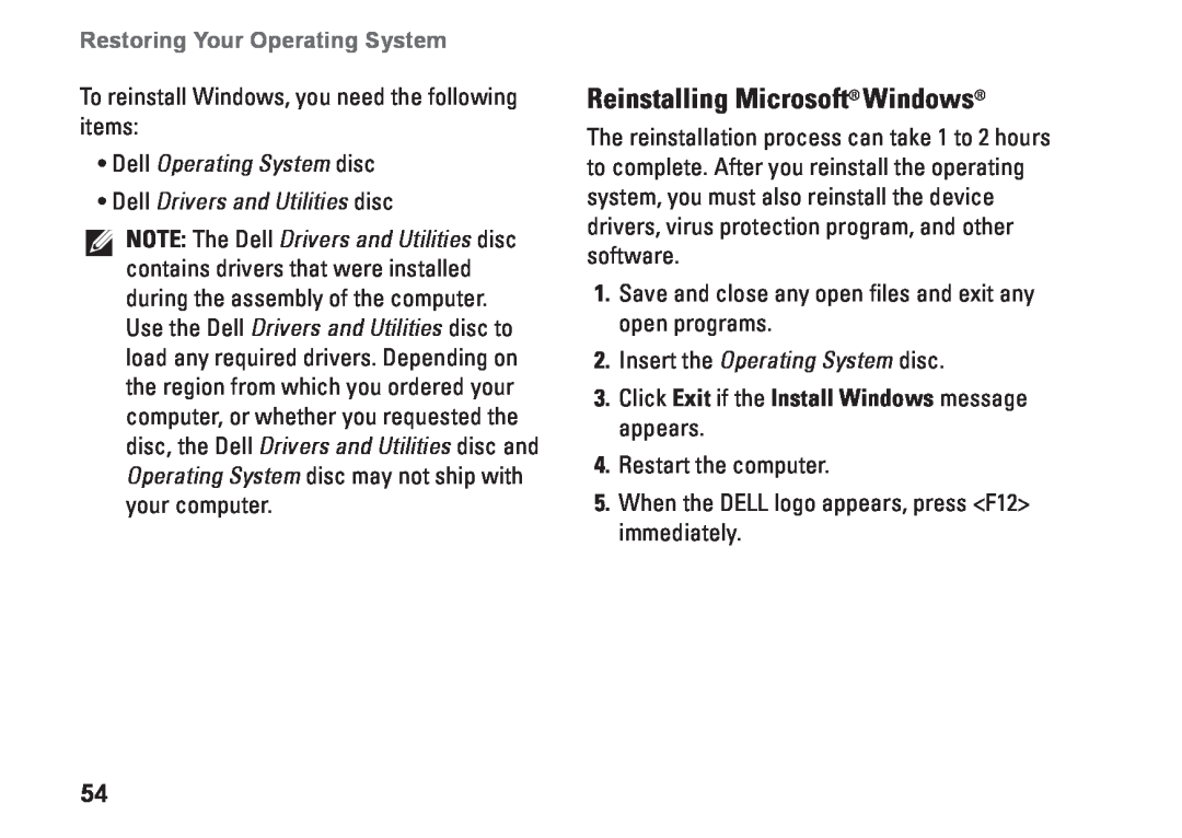 Dell D03M001 setup guide Reinstalling Microsoft Windows, Click Exit if the Install Windows message appears 