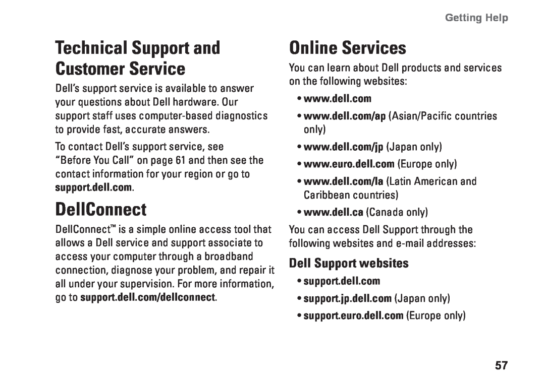 Dell D03M001 DellConnect, Online Services, Technical Support and Customer Service, Dell Support websites, Getting Help 