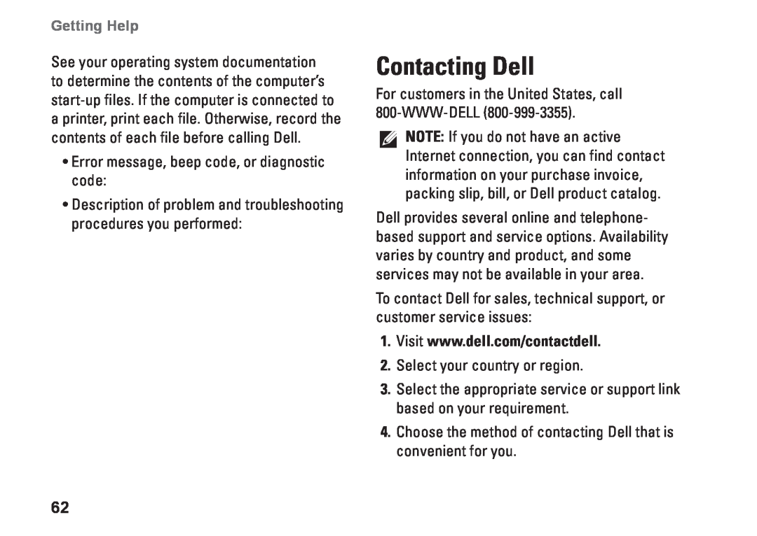 Dell D03M001 setup guide Contacting Dell, Getting Help 