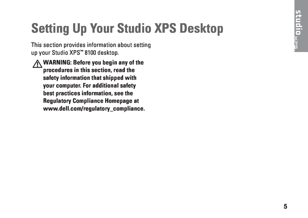 Dell D03M001 setup guide Setting Up Your Studio XPS Desktop 