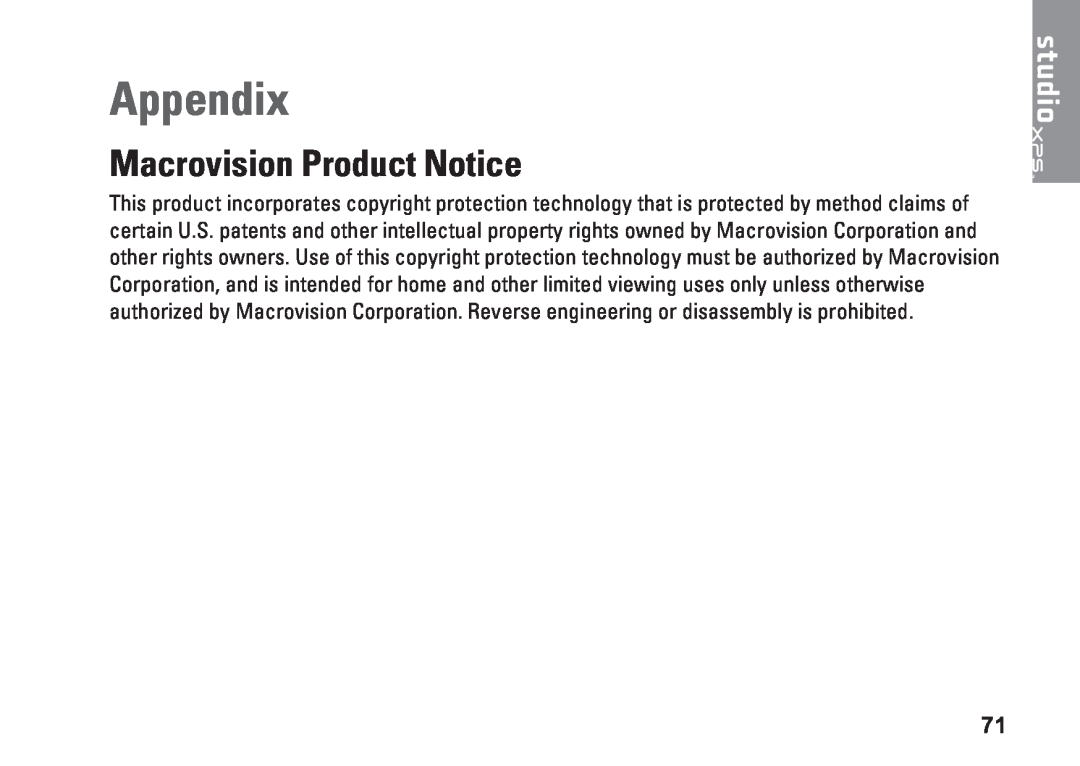 Dell D03M001 setup guide Appendix, Macrovision Product Notice 
