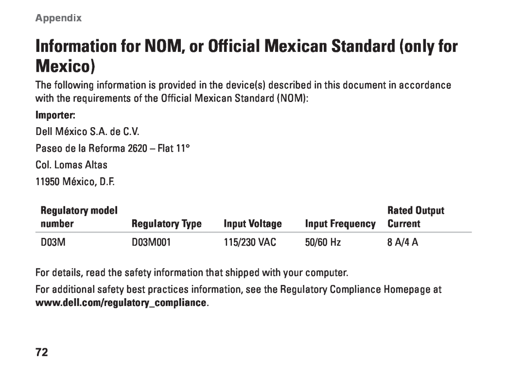 Dell D03M001 Information for NOM, or Official Mexican Standard only for Mexico, Appendix, Importer, Regulatory model 