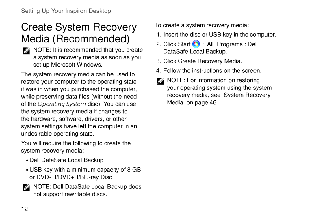 Dell D06D setup guide Create System Recovery Media Recommended 