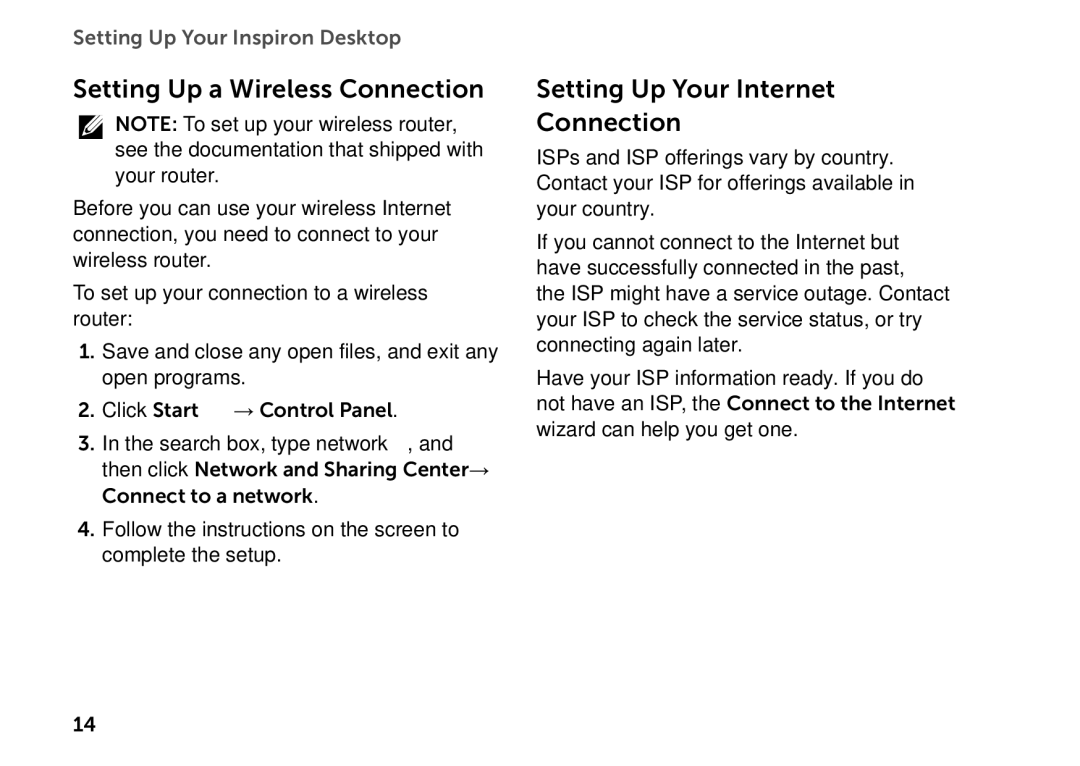 Dell D06D setup guide Setting Up a Wireless Connection, Setting Up Your Internet Connection 