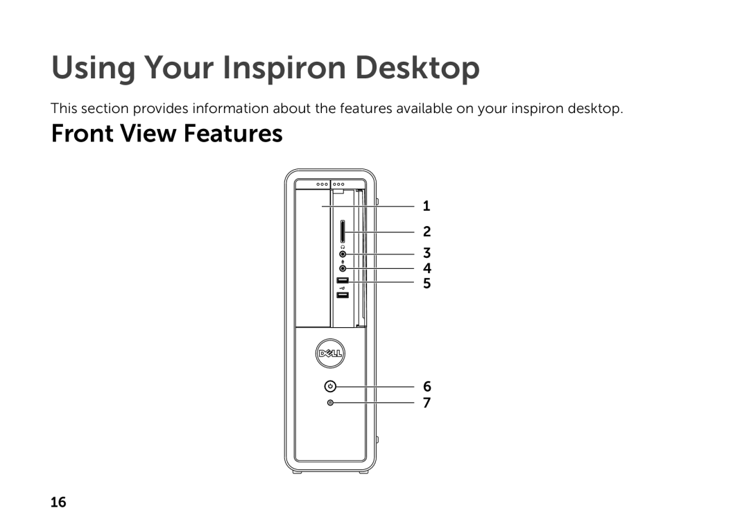 Dell D06D setup guide Using Your Inspiron Desktop, Front View Features 