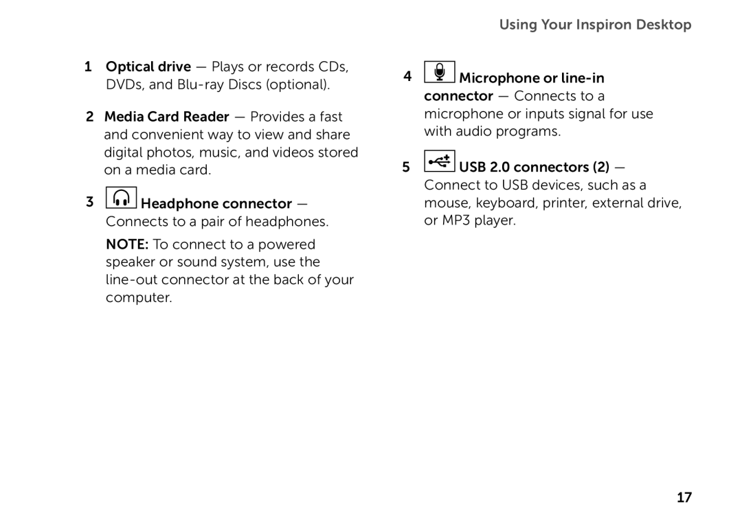 Dell D06D setup guide Using Your Inspiron Desktop 