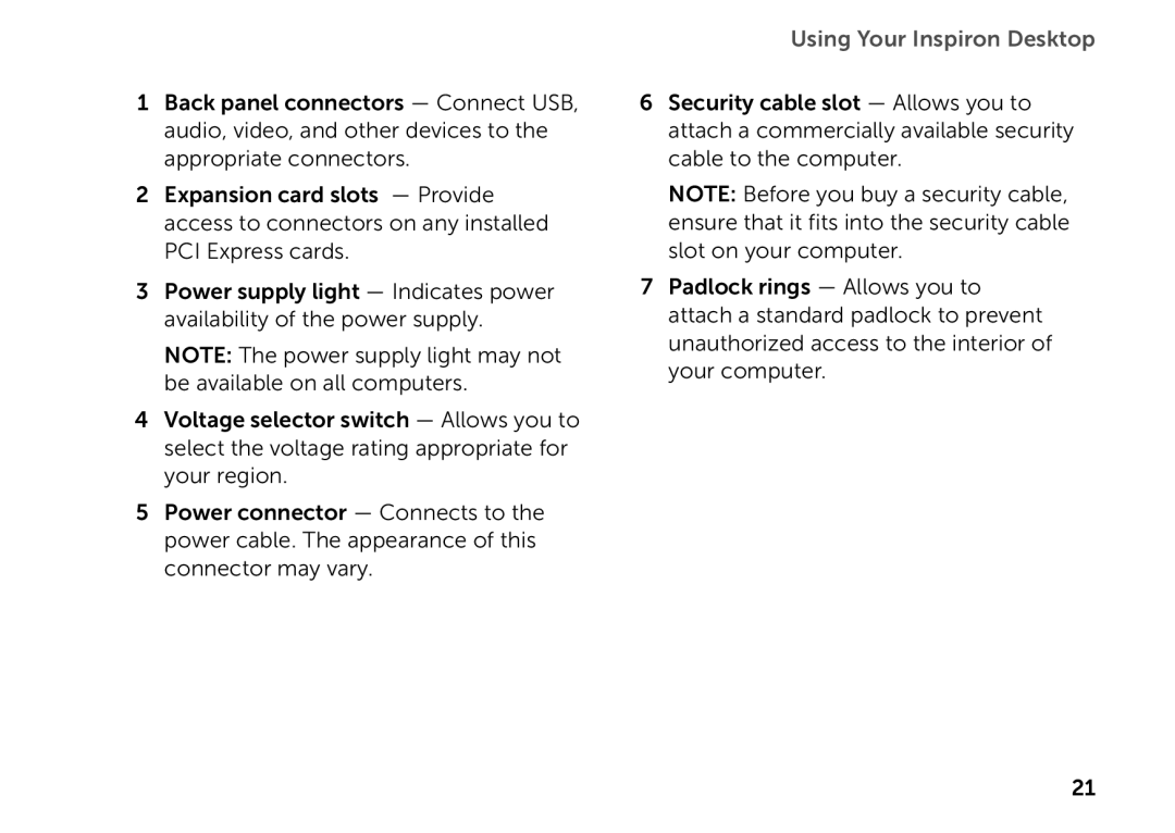 Dell D06D setup guide Using Your Inspiron Desktop 