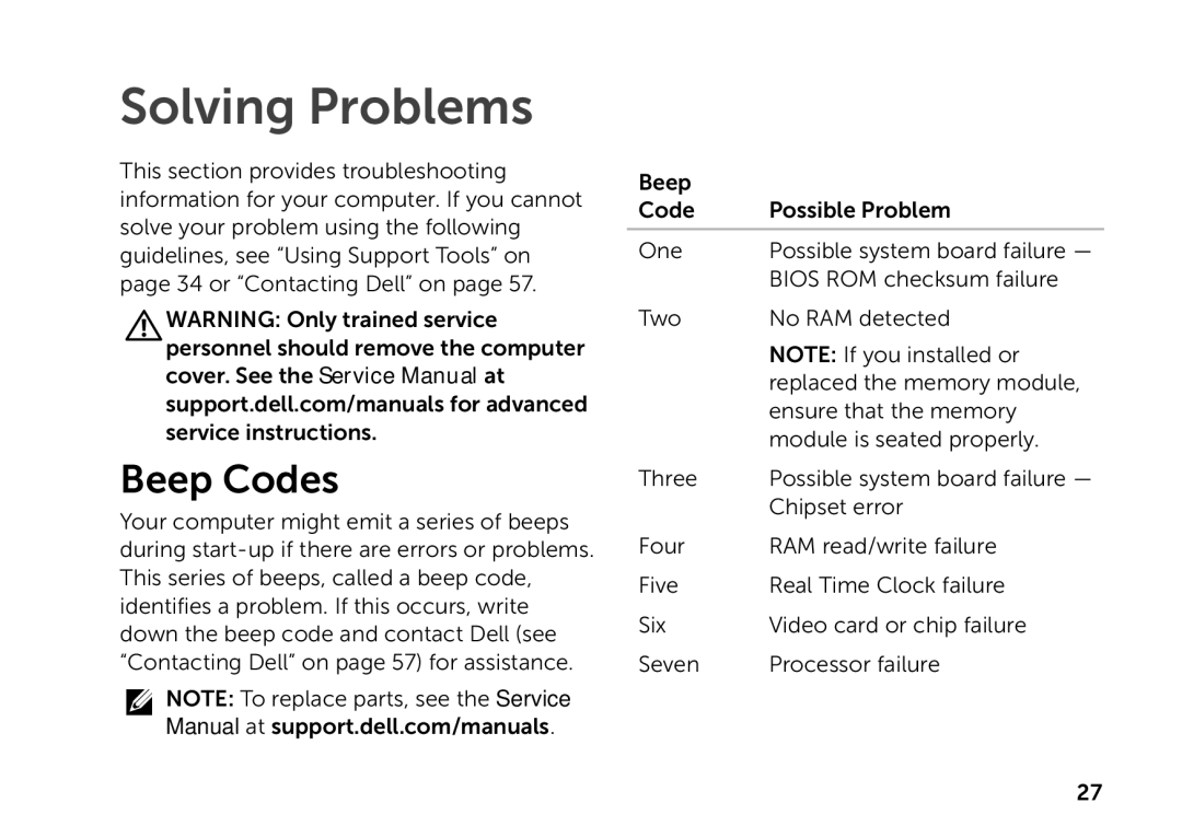 Dell D06D setup guide Solving Problems, Beep Codes 